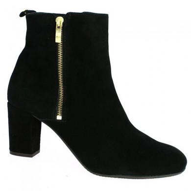 Women's large size black velvet heel boots with gold zip, profile view