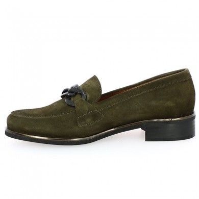 khaki green women's large size low shoe with Folie's chain, inside view