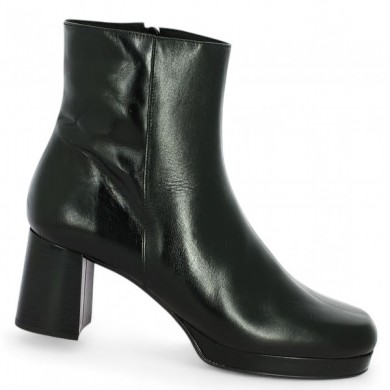 42, 43, 44, 45 women's shiny black leather platform bootie, profile view