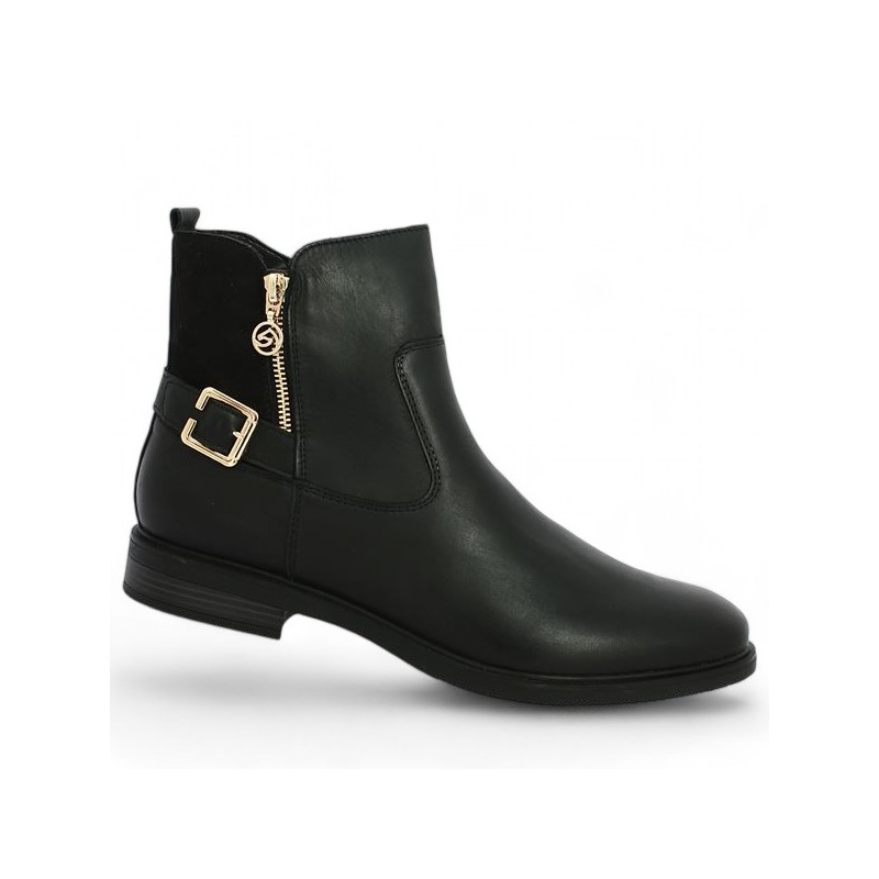 D1U71-00 Remonte black leather flat ankle boot gold jewels 42, 43, 44, 45 Shoesissime, profile view