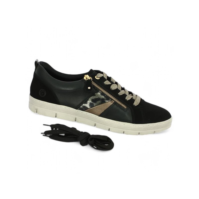 D5833-03 women's black and leopard Remonte 42, 43, 44, 45 Shoesissime tennis shoe, profile view