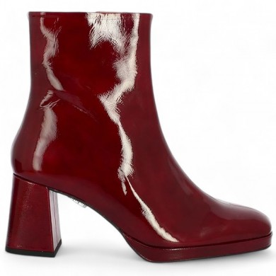 Shoesissime burgundy red patent leather platform booties in large heels, side view