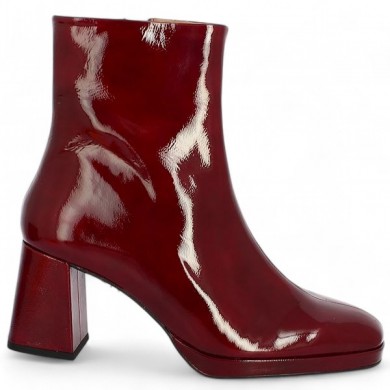 Shoesissime burgundy red patent leather platform booties, profile view