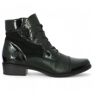 D6882-01 Black leather and patent lace-up boots Remonte grande taille Shoesissime, side view