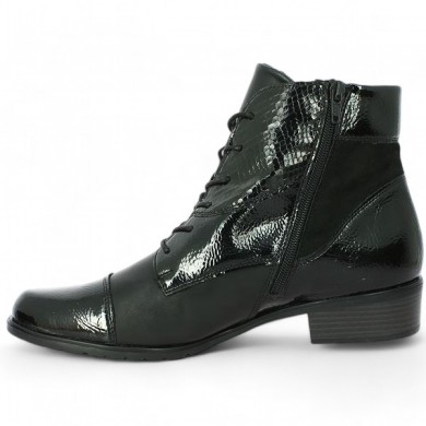 Remonte women's 42, 43, 44, 45 lace-up boot in black leather and Shoesissime patent, interior view