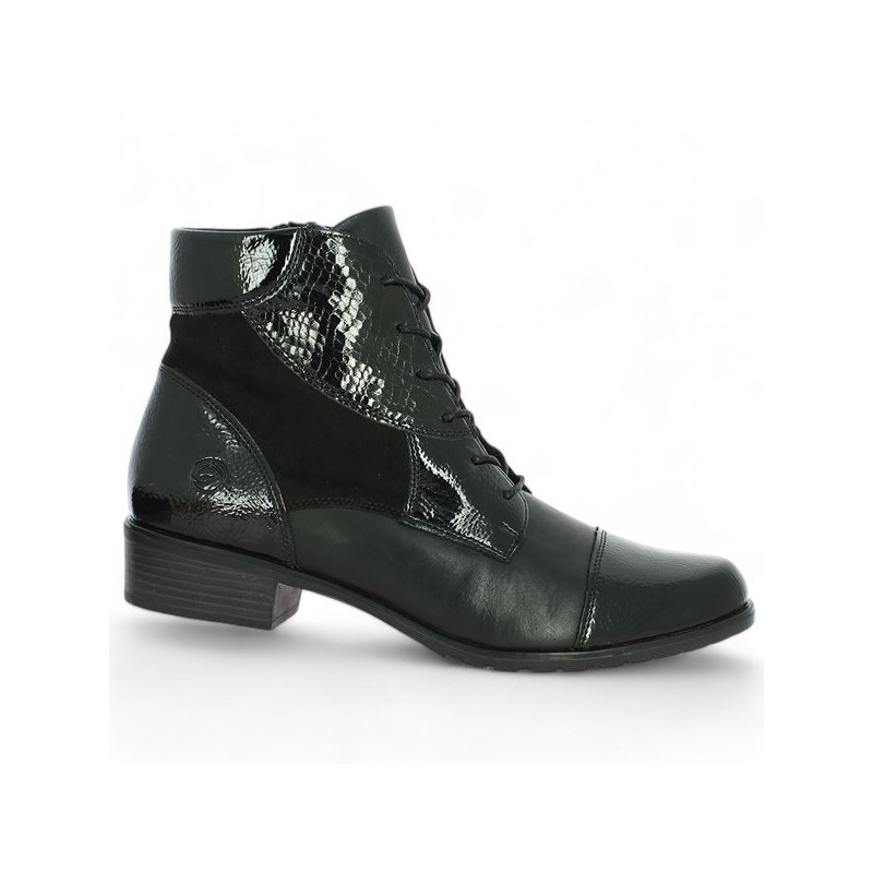 D6882-01 Bottine à lacets cuir noir et vernis Remonte 42, 43, 44, 45 Shoesissime, vue profil