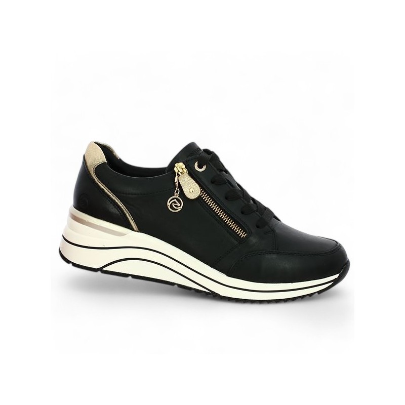 D0T03-01 baskets compensée cuir noir Remonte 42, 43, 44, 45 femme, vue profil