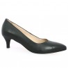 Black small heel shoe, large size, profile view